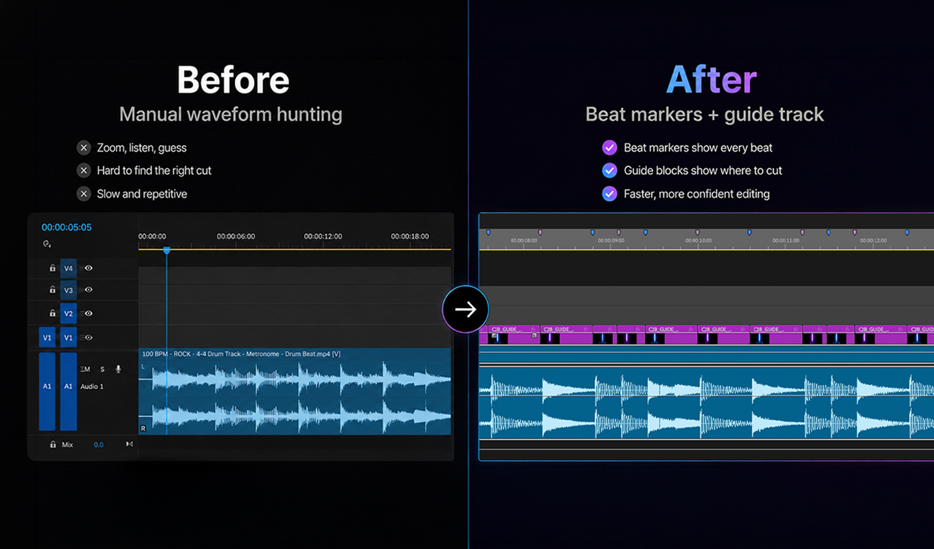 Cut to Beat before and after timeline showing beat markers and a guide track in Premiere Pro.