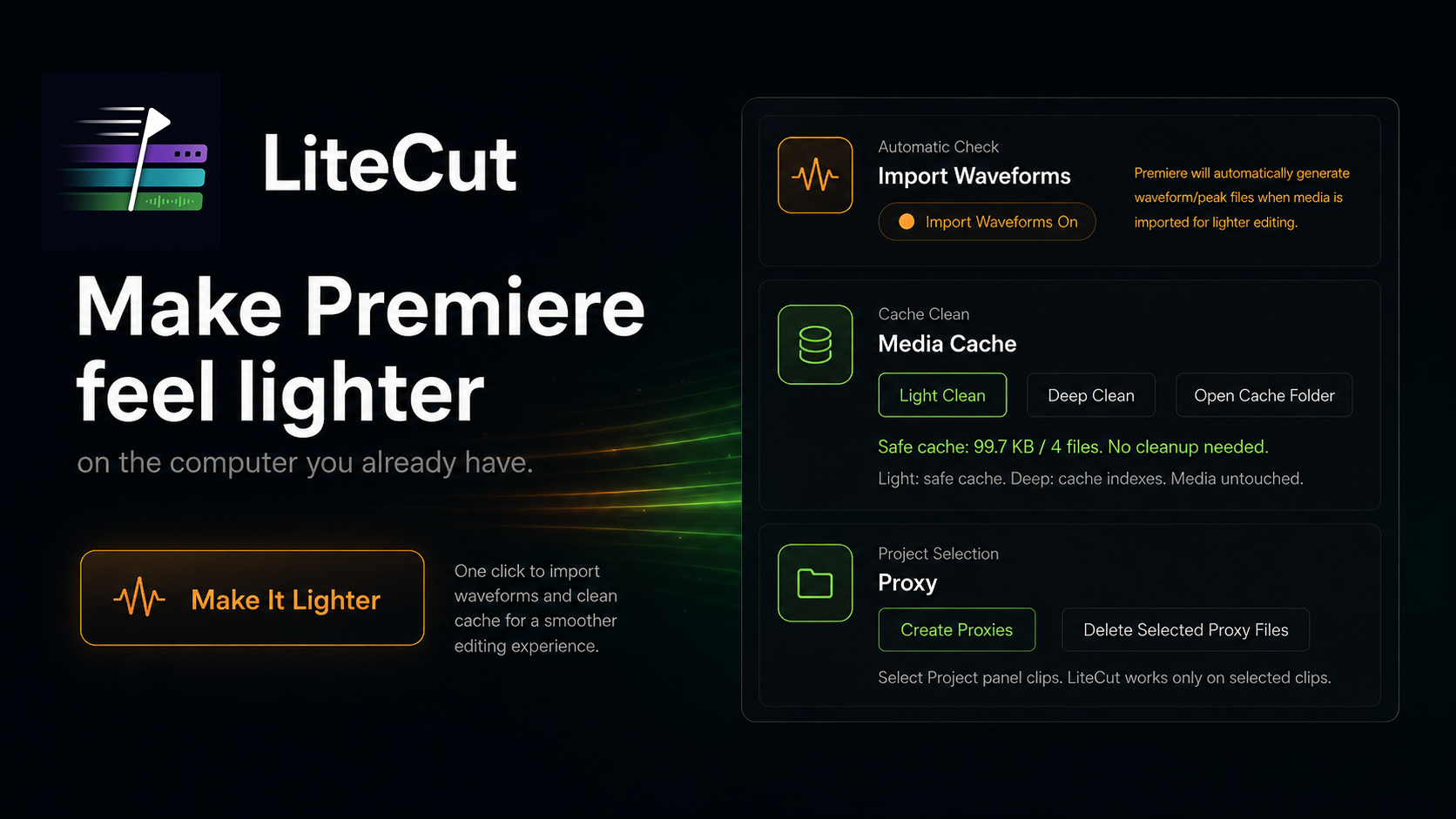LiteCut product poster showing Premiere Pro cache cleanup, waveform import control, and proxy tools.